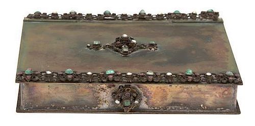 A Jeweled Silver-Plate Book-Form Covered Box Height 6 1/4 x width 5 1/4 x depth 5 1/4 inches.