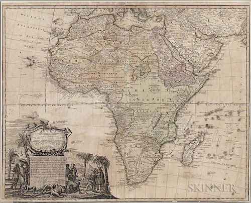 1737 Homann Map of Africa and Colored Engraving Vue de la Cote Depuis Mina.