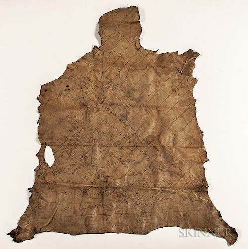 Map Drawn on Hide, probably late 17th century, Tionesta Township, Pennsylvania, on goatskin.