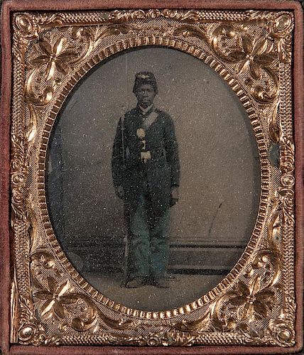 Framed Tintype Depicting an African American Soldier, wearing an infantry uniform, c. 1864.
