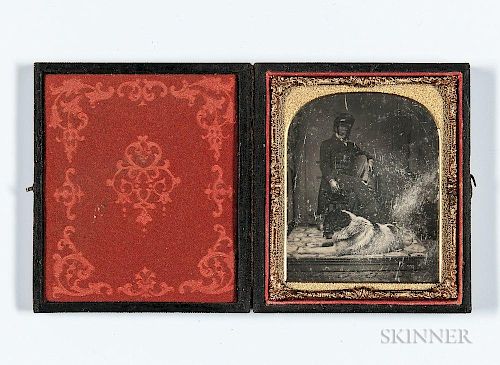 Cased Daguerreotype Depicting a Seated Mixed Race Man with His Dog