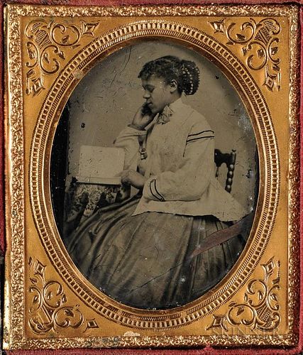 Cased Tintype Depicting African American Young Lady Reading
