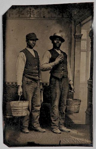 Tintype Depicting Two Black Men Wearing Vests and Holding Buckets