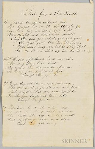 Handwritten Racist Song, "Gal From the South."  Estimate $150-200