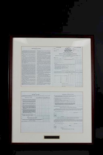 1913 INAUGURAL 1040 INCOME TAX FORM, FRAMED, RARE