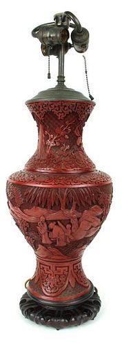 20TH CENTURY, CHINESE CARVED CINNABAR LAMP, LARGE