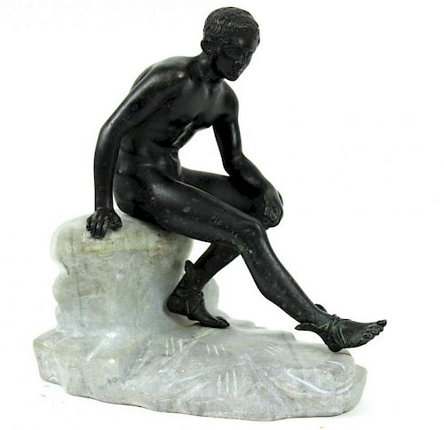 ANTIQUE, FRENCH BRONZE NUDE BOY ON ROCK, UNSIGNED