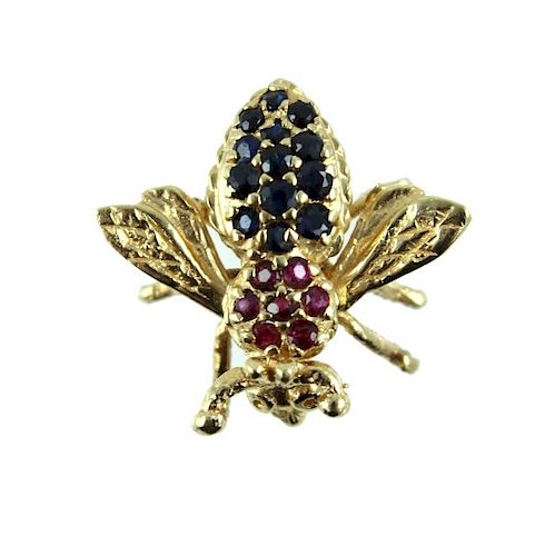 CUTE 18 KARAT YELLOW GOLD RUBY AND SAPPHIRE BEE