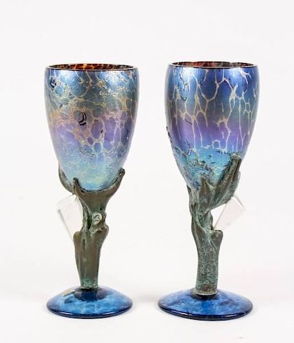 Pair of Colin Heaney Iridescent Goblets w/ Crystal