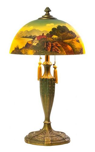 A Reverse Painted Glass Table Lamp, Diameter of shade 24 x height overall 24 inches.