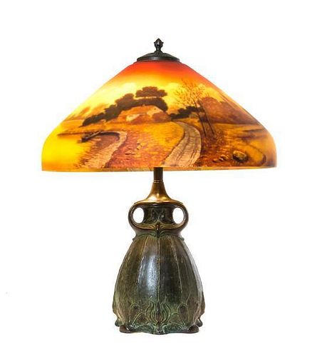 A Pittsburgh Reverse Painted Glass Table Lamp, Diameter of shade 17 3/4 x height overall 22 inches.