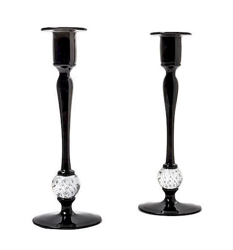 A Pair of Pairpoint Glass Candlesticks, Height 12 1/8 inches.