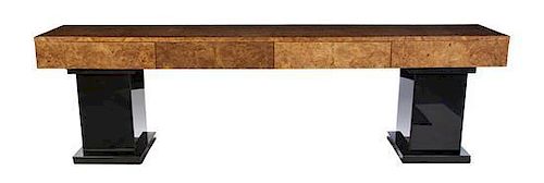 A Burl Veneer Wall Cabinet, Height 31 1/4 x width 107 1/4 x depth 17 1/2 inches.