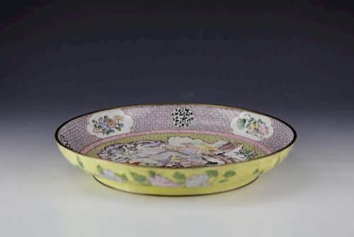 A large Chinese cloisonne plate depicting ladies
