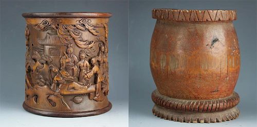 TWO Chinese carved Bamboo brush pot, Carved bamboo