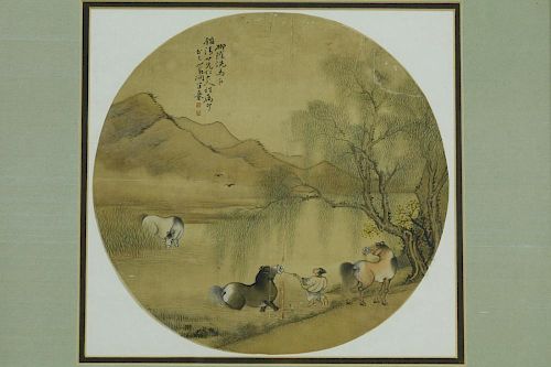 Chinese antique painting of horse bathing in the water