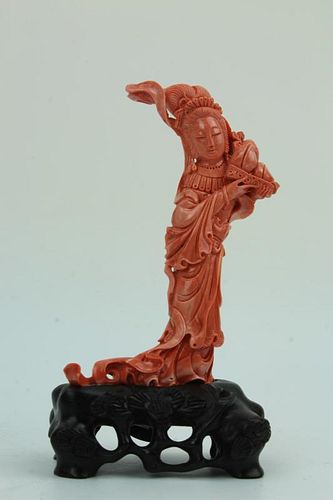 Red coral carving of a Chinese goddess