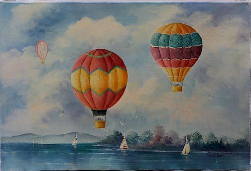 M. Golden signed oil on canvas of hot air balloon