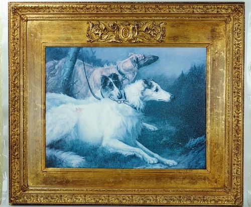 Maud Earl replica framed vintage oil of three dogs on leashes