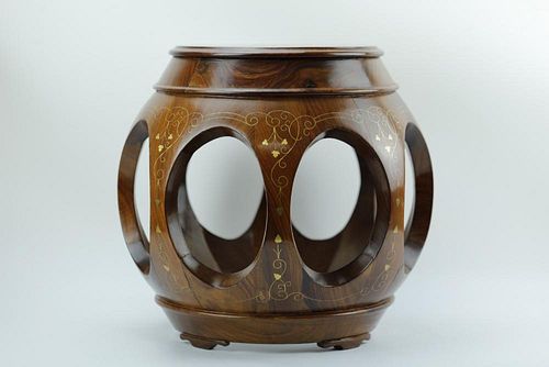 Copper and brass inlay rosewood round stool