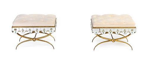 A Pair of Gilt Metal Mirrored and Upholstered Ottomans, in the manner of Maison Jansen, Height 16 1/2 x width 22 1/2 x depth 16