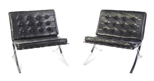 A Pair of Chromed Lounge Chairs, after the Mies van der Rohe example, Height 29 1/2 inches.