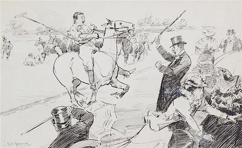 George Denholm Armour, (British, 1864-1949), Polo Cartoon for Punch, together with the lithograph cartoon and caption