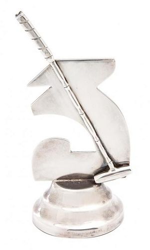 A Colombian Silver Polo Prize Ornament, (20th Century), modeled as a stylized 3 with a polo mallet on a circular stepped base