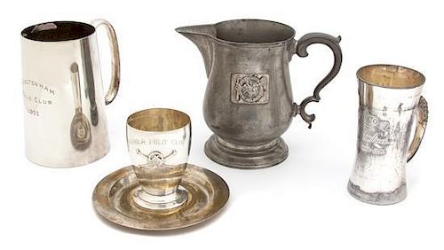 Five Miscellaneous Polo Trophy Items, 20TH CENTURY, comprising a silver plate handled mug inscribed Cheltenham/Polo Club/1935