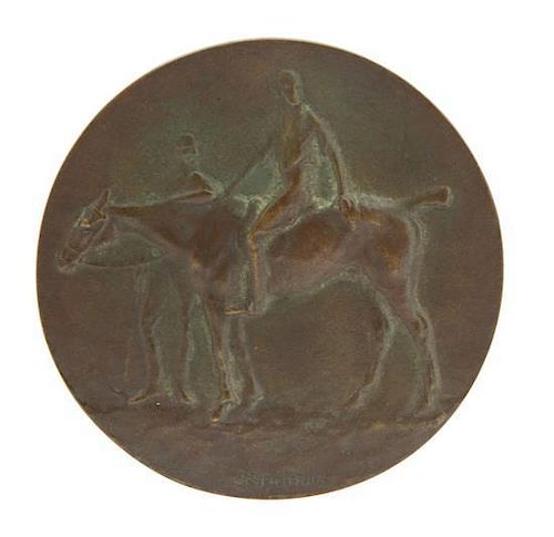 Emile Pinchon, (French, b. 1872), Polo de Cannes bronze medallion with polo players and pony on face, the verso with a wooded