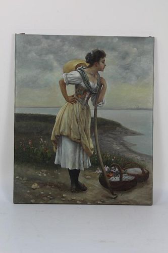 Oil on canvas of a lady by sea shore