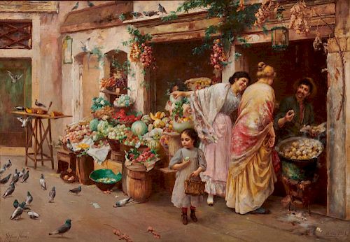 STEFANO NOVO, (Italian, 1862-1927), Marketplace, Venice, 1898, oil on canvas