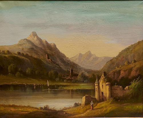 NICOLAS LOUIS ANDRE PREVOST, (Swiss, 1817-1864), Lakeside Castle, oil on canvas