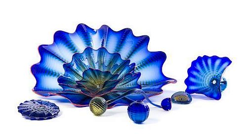 An American Studio Glass Nine-Piece Sculpture, Dale Chihuly (b. 1941), Width of widest 21 3/4 inches.