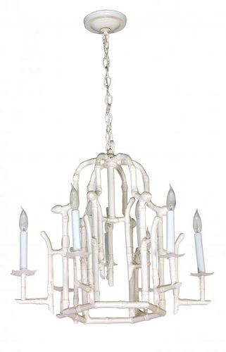 A Group of Four Faux Bamboo Eight-Light Chandeliers Height 22 inches.