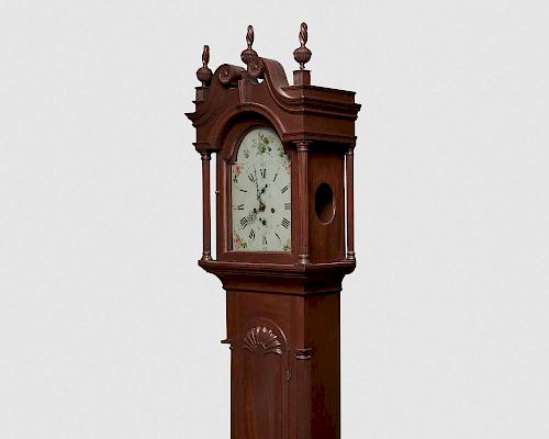 Chippendale Block and Shell Carved Figured Mahogany Tall Case Clock, Rhode Island, late 18th century