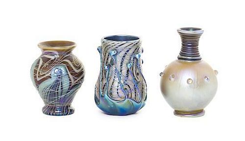 Three American Studio Glass Vases, Lundberg Studios, Height of tallest 3 1/2 inches.