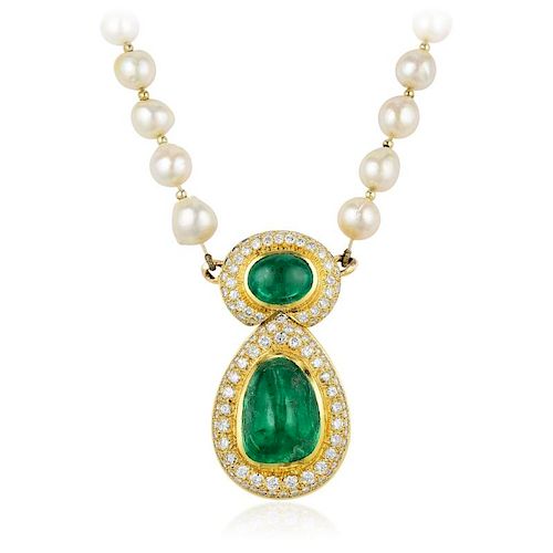 A Colombian Emerald Diamond and Pearl Necklace