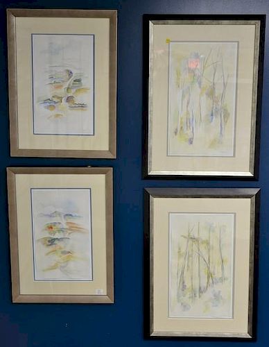 Group of four decorative framed watercolors on paper, all signed illegibly lower right, two are on aquarelle arches paper (sh