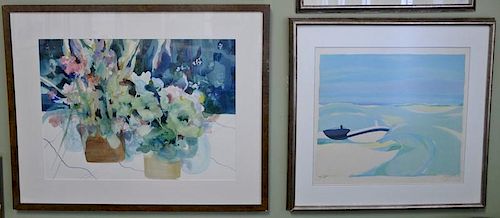 Five framed pieces to include: 
Mike Pease, colored lithograph, "Two Barns" 139/175; 
two watercolors on paper, still life of