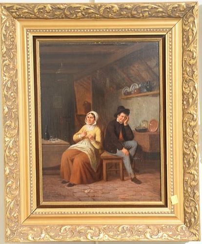 Oil on panel Dutch interior scene with a man and woman, signed lower left illegibly, 15 1/2" x 12".