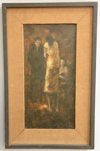 Oil on canvas dark modern scene with three figures, signed illegibly lower right. 15 1/2" x 8"