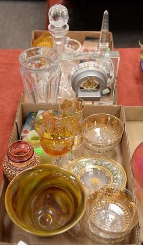 Two tray lots of art glass and crystal to include enameled bowls and plates, Waterford decanter, Baccarat vase, Steuben dish,