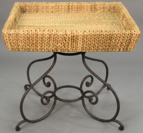Four piece lot to include three rattan side chairs and a woven tray top on iron base. ht. 31in., top: 29" x 34"