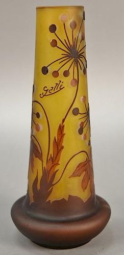 Emile Galle vase, acid etched with flowers and leaves. ht. 11 1/2in.