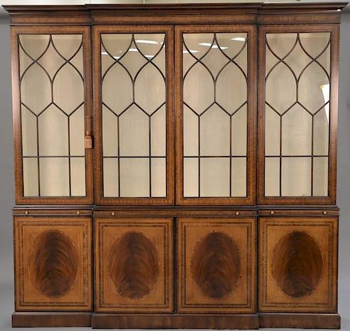 EJ Victor mahogany inlaid breakfront having four glass doors over four oval panel doors. ht. 90in., wd. 92in., dp. 13in.