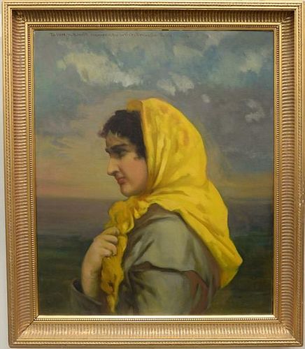 Franklin Tuttle (1866-1919), oil on canvas, portrait of a young girl with yellow bonnet, written on top: To Mrs. M.A. Weill r