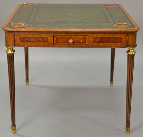 Maitland Smith mahogany games table with leather top and four drawers. ht. 30in., top: 34 1/2" x 34 1/2"