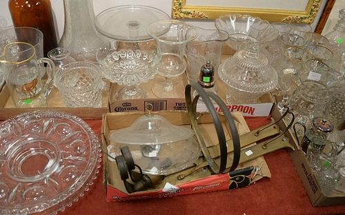 Six tray lots to include four large crystal round serving trays, set of stems with grape design, pair of brass hanging lamps 