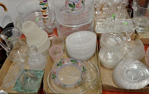 Five tray lots of crystal and glass to include three large bowls, two round serving trays, pitchers, stems, glass finger bowl